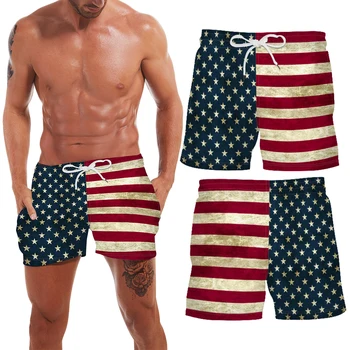 YUFEIDA США, Мужские Пляжные шорты с принтом Американского флага, Лоскутные Звездные полосы, Милые Пляжные Короткие Штаны, Мужские Плавки с принтом 2XL Изображение