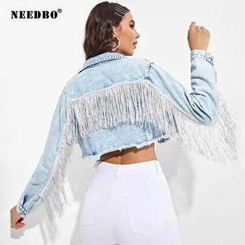 Джинсовая куртка NEEDBO, женское светло-голубое пальто с кисточками и бриллиантами, женская Винтажная Стильная джинсовая куртка с бахромой и бисером, верхняя одежда Изображение
