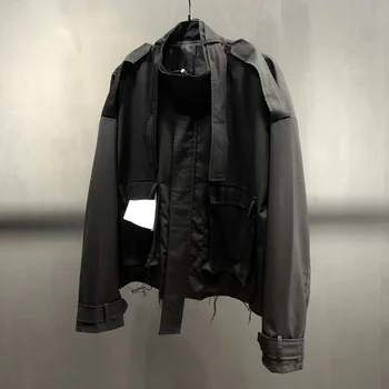 Осенняя мужская Темная одежда, куртки с кисточками, Авангардный показ мод, Мешковатое мотоциклетное пальто с большим карманом, функциональная лента 21Z1290 Изображение