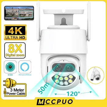 Mccpuo 4K 8MP Двухобъективная WiFi камера наблюдения с 8-кратным Оптическим зумом AI Автоматическое отслеживание 80 м Полноцветная IP-камера ночного видения iCSee Изображение