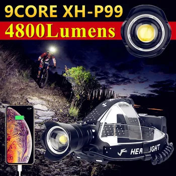 9CORE XHP99 Охотничий Масштабируемый светодиодный мощный налобный фонарь USB Зарядка, Высокомощная фара для ночной езды, фонарь для Кемпинга, Рыбалки Изображение