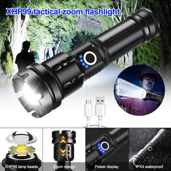 Самый мощный 50 Вт светодиодный фонарик XHP99, перезаряжаемый фонарь, Тактический Мощный масштабируемый фонарь, Дальнобойный ручной светильник для кемпинга Изображение
