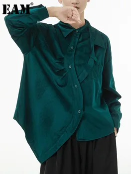 [EAM] Женская Зеленая Плиссированная Бархатная Блузка Неправильной Формы Большого Размера, Новая Рубашка с Длинным рукавом и Отворотом, Модный Прилив, Весна-Осень 2023 1DF5154 Изображение