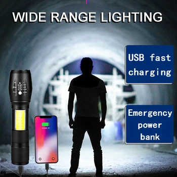 T6 Cob Тестовая лампа Power Torch USB Портативный аккумулятор для мобильных телефонов для езды на большие расстояния, Мини-лампа наружного освещения, тактическая Изображение