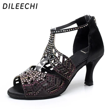 DILEECHI/ женские атласные туфли для латинских танцев, черный цвет, красная кожа, высококачественная подошва для Сальсы, вечерние туфли для бальных танцев, каблук 7,5 см Изображение