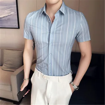 Роскошные мужские Рубашки для Светской жизни, Летняя Блузка в полоску с коротким рукавом, Мужские Повседневные Топы, приталенная однотонная рубашка с отложным воротником, Мужская Camisa Изображение