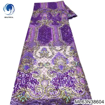 Высококачественная кружевная ткань с винтажным рисунком в африканском стиле фиолетового цвета с пайетками и французским тюлем из 100% полиэстера для вечернего женского платья ML63N386 Изображение