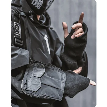 Мужская одежда Harajuku уличная одежда оверсайз Хип-хоп весенний свитер с шалью, поддельные два черных функциональных свободных однотонных толстовки для влюбленных с капюшоном Изображение