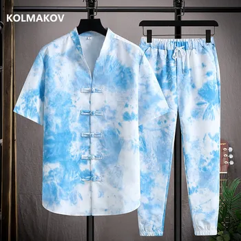 (Рубашка + брюки) 2023 летняя мужская рубашка с принтом в китайском стиле, Хлопчатобумажные рубашки, мужские повседневные рубашки с эластичным поясом, мужские размеры M-5XL Изображение