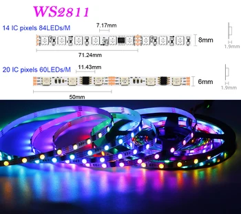 12 В 24 М 5 М Узкая боковая адресуемая светодиодная лента WS2811 60/84 светодиодов/м 5050 RGB пикселей гибкая световая Лента Внешняя микросхема 6 мм/8 мм PCB IP30 Изображение