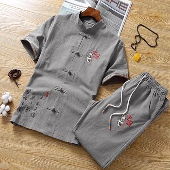 2023 летняя рубашка и брюки, хлопковый льняной костюм, Мужские рубашки с коротким рукавом, Мужской Повседневный Летний хлопковый льняной костюм-двойка TZ019 Изображение