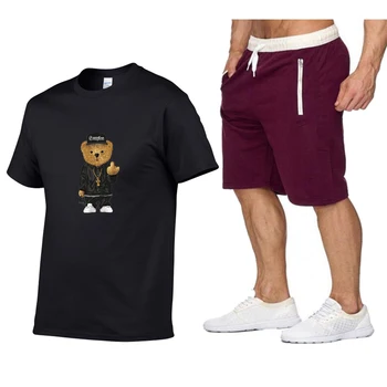 Летняя мужская футболка для бега трусцой, костюм с коротким рукавом, Повседневная спортивная одежда, костюм, Спортивные шорты, Дышащий хлопковый костюм из 2 предметов Изображение