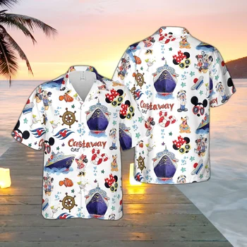 Гавайская рубашка с 25-летием Disney Cruise Line, Мужская Рубашка с коротким рукавом и пуговицами, Гавайская рубашка с Микки и Минни, Пляжная рубашка Изображение