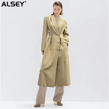ALSEY, Длинный Блейзер, пальто для женщин, Двубортный Женский Повседневный Корейский стиль, Элегантное модное платье с драпировкой для официальных мероприятий A02440 Изображение