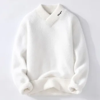 Зимний мужской теплый свитер 2023 года, однотонный вязаный мужской пуловер с круглым вырезом и длинным рукавом, зимний модный новый теплый свитер Изображение