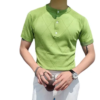 Летний вязаный свитер с коротким рукавом и круглым вырезом, тонкая мужская деловая футболка, рубашки для мужчин, рубашка Поло, однотонный зеленый Изображение