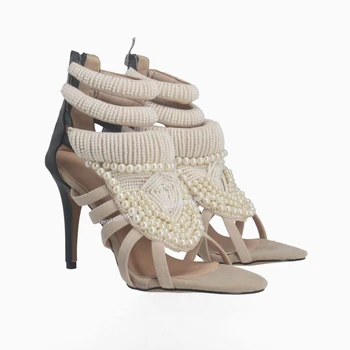 Плетеные Полые туфли-лодочки с жемчужным Декором, Женская обувь на каблуке с застежкой-молнией, Туфли на шпильке, Летние туфли на высоком каблуке в лаконичном стиле 2023, Zapatillas Mujer Изображение