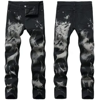 Новые мужские джинсы с рисунком волка 2023 года Изображение