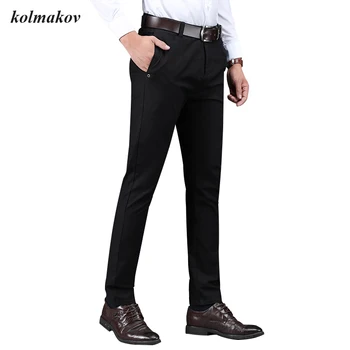 Новое поступление 2020 Года, стильные мужские брюки для отдыха, Высококачественные деловые повседневные однотонные мужские прямые хлопчатобумажные брюки, Размер 28-36 Изображение