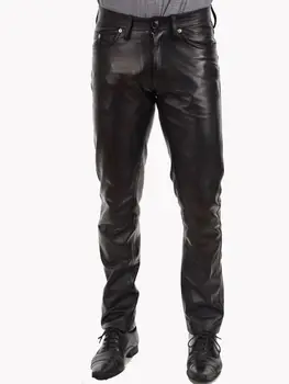 Кожаные Брюки Для Мужчин, Мужские брюки, Размер настоящих джинсов, Брюки в байкерском стиле, черный 20 Изображение
