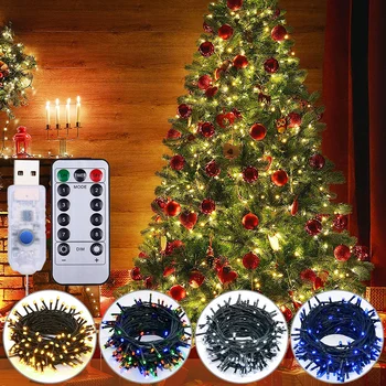 Рождественские мигающие светодиодные гирлянды, Зеленый провод, дистанционное управление, Сказочный свет, Рождественская елка, Декор для вечеринки, Таймер, Водонепроницаемый Изображение