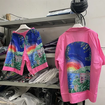 2023ss Касабланка, Розовая Рубашка с рисунком Радуги, Мужские Женские Гавайские рубашки, футболка Изображение