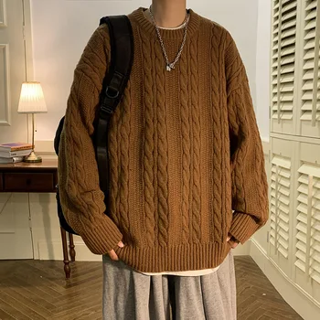 Коричневый кофейный свитер с закруткой, мужской осенне-зимний винтажный томный пуловер, свитер оверсайз Изображение