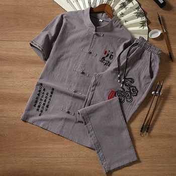 Весенне-летний хлопковый костюм в китайском стиле, мужские новые старинные повседневные комплекты, высококачественная футболка, Брюки, Размер 5XL Изображение