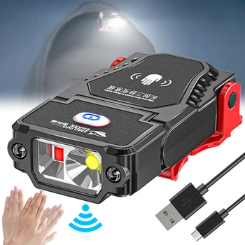 Мини Светодиодный сенсорный налобный фонарь с зажимом для шляпы, USB Перезаряжаемая фара для рыбалки, Регулируемый угол Наклона, лампа для кемпинга, Наружный рабочий свет Изображение