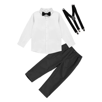 Модный костюм Джентльмена для маленьких мальчиков, Весенне-осенняя рубашка с длинными рукавами + галстук-бабочка + Подтяжки + Брюки, наряд из 4 предметов для официальной вечеринки по случаю дня рождения Изображение