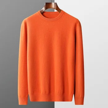 Мужской свитер из 100% чистой шерсти, одежда первой линии, Бесшовный пуловер на весенне-осенней основе, Свободный Повседневный кашемировый вязаный свитер Изображение