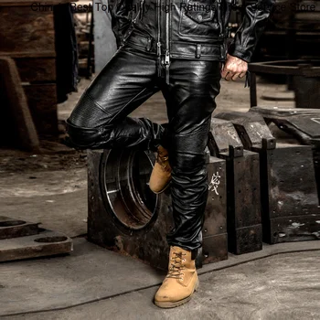 Мужские брендовые длинные мотоциклетные байкерские брюки из натуральной кожи, облегающие штаны защитного снаряжения из коровьей кожи Изображение
