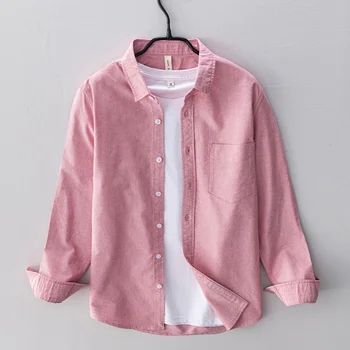 2022 Розовые Рубашки Для мужчин, Повседневная приталенная рубашка из 100% хлопка Оксфорд с длинным рукавом, мужская Винтажная одежда Изображение