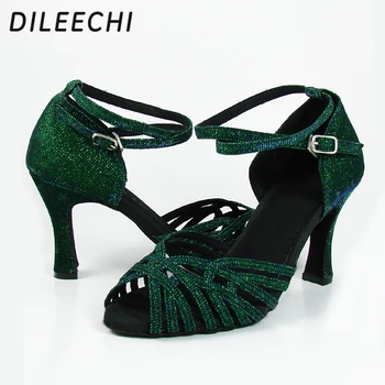 DILEECHI/ новые зеленые туфли для латиноамериканских танцев; обувь для взрослых женщин; Обувь для бальных танцев; Обувь для самбы; босоножки для дам на каблуке 6 см 5 см Изображение