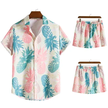 Мужская Гавайская рубашка из хлопка и льна с цветочным принтом, шорты, костюм для мужчин, комплект одежды для летнего отдыха, Повседневные пляжные костюмы на пуговицах из 2 предметов Изображение