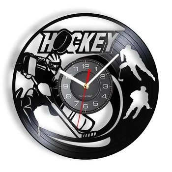 Хоккейные Настенные часы Домашний Декор Хоккей на траве Виниловая пластинка Настенные часы Хоккеист Спортивная комната Современные настенные часы Хоккейный подарок Изображение