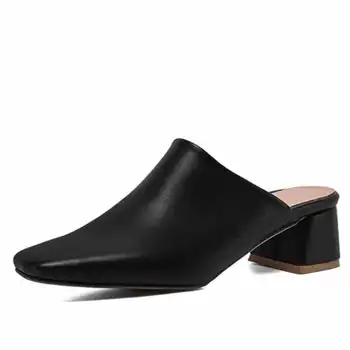 Женская обувь на среднем каблуке, черные сандалии, тапочки с квадратным носком, шлепанцы Изображение