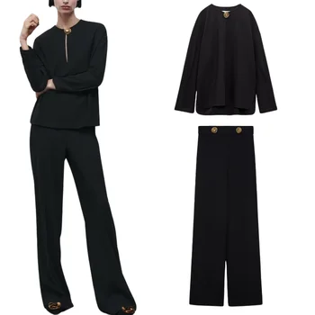 2023 Новая осенне-зимняя женская одежда, черный топ с разрезом и пуговицами + прямые брюки с высокой талией Изображение