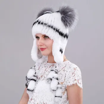 Эластичные вязаные шапочки из меха кролика Рекс Ручной работы, шапка из натурального меха с ушками из лисьего меха, Зимняя шапка из натурального меха, капоты для женщин, Дизайнерские Изображение