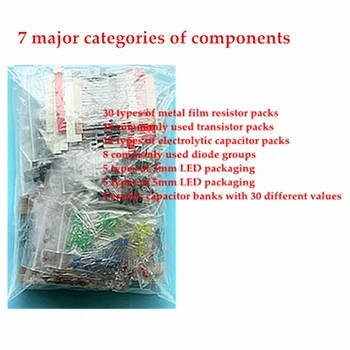 7 основных категорий комплектующих: Электролитические конденсаторы, светодиодные светоизлучающие диоды, триоды, набор керамических микросхемных резисторов Изображение
