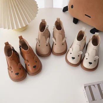 Детские Кожаные ботинки [Японский движущийся лесной ветер], осенне-зимние бархатные ботинки с собачкой и кроликом для милых мальчиков и девочек, Tu Изображение